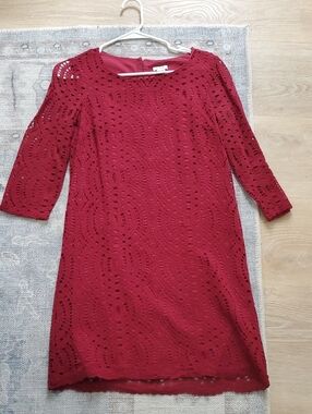 J. Crew Maroon Lace Overlay 3/4 Sleeve Dress Sz0